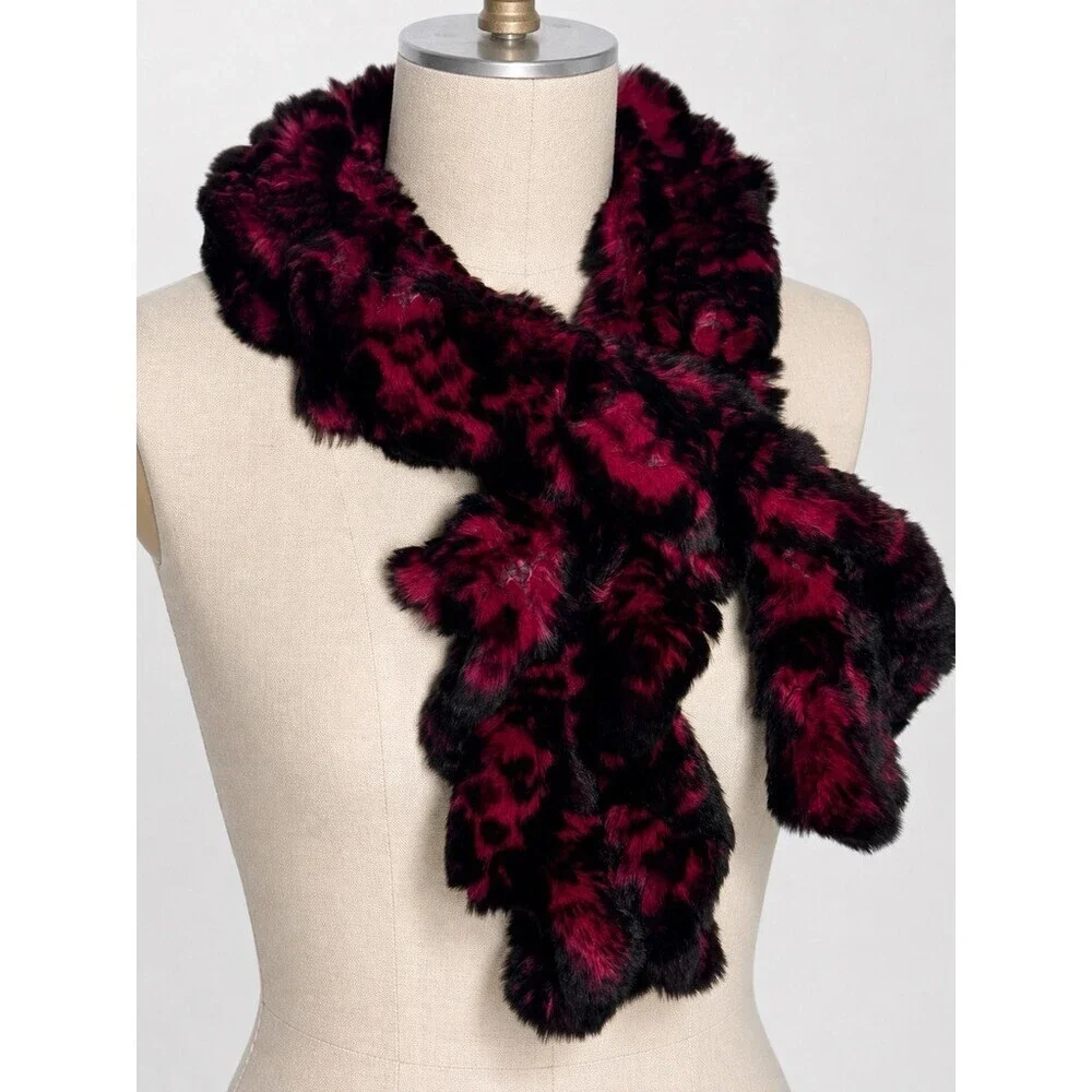 Linda Matthews real rabbit fur ruffle scarf pull through style fuchsia & Black